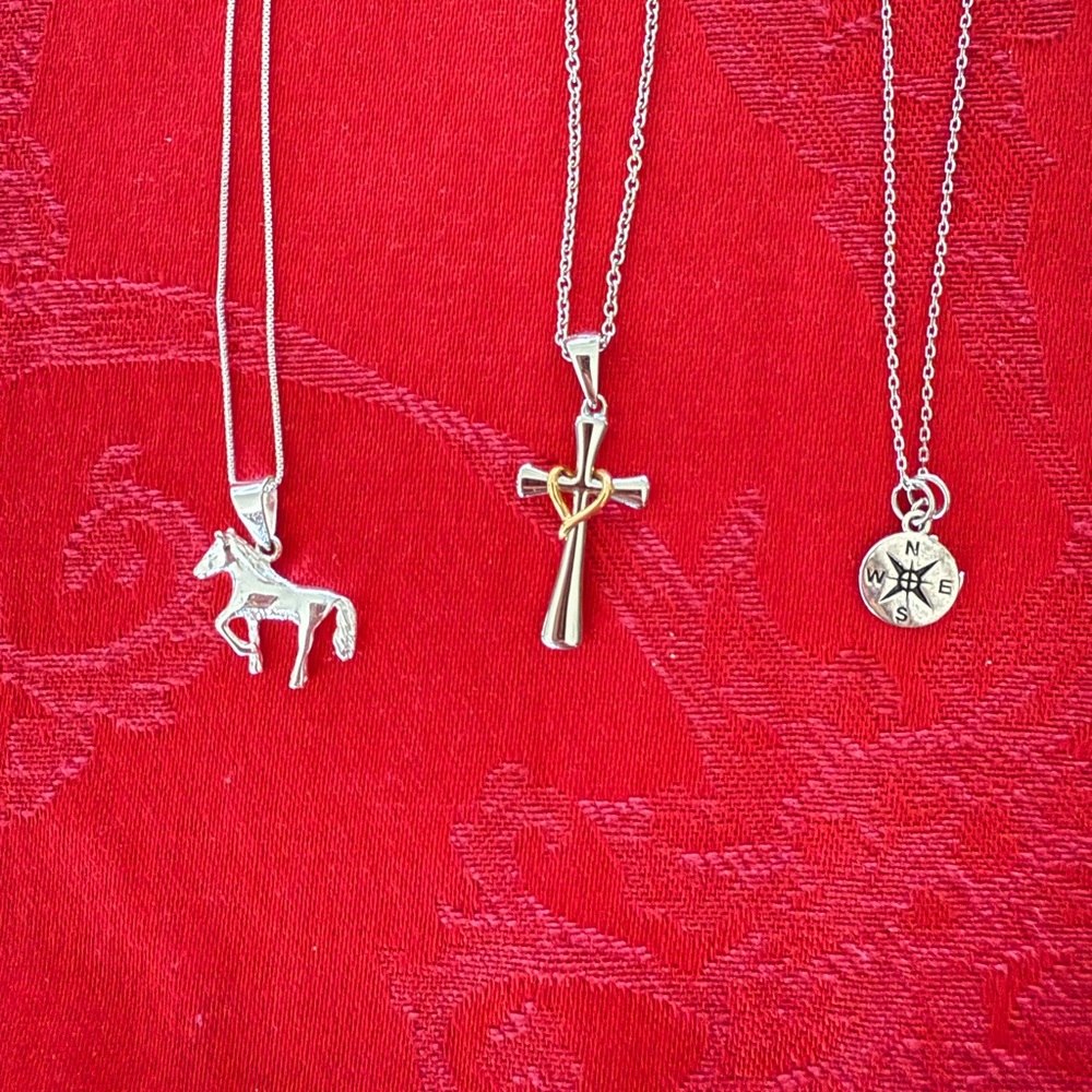 3 Silver Necklaces:  Horse, Cross, and Compass Pendants